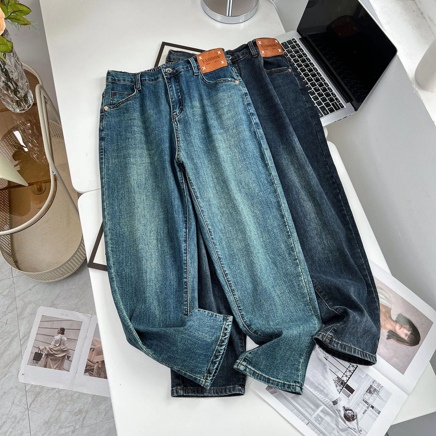 Women's High Waist Stretch Denim Harem Pants, Ankle Length Jeans, Casual Fashion Label, Plus Size, Autumn, 100kg