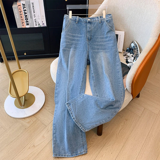 Fall plus size women's casual denim pants Blue commuter straight pants loose and comfortable elastic pants with large pockets